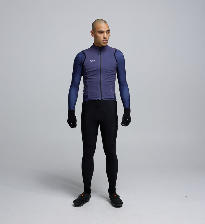 Front view of cyclist wearing Dusk Thermal Cycling Gilet – minimalist cut with waterproof two-way zip for comfort and control