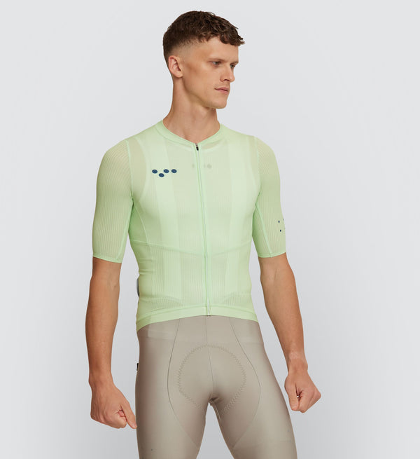 Front view of cyclist in Wasabi Air Jersey featuring lightweight fabrics & form-fitting design