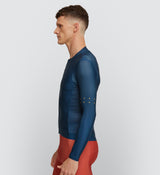 Side view of Men's Indigo Classic Long Sleeve Cycling Jersey showing side body ventilation for added airflow