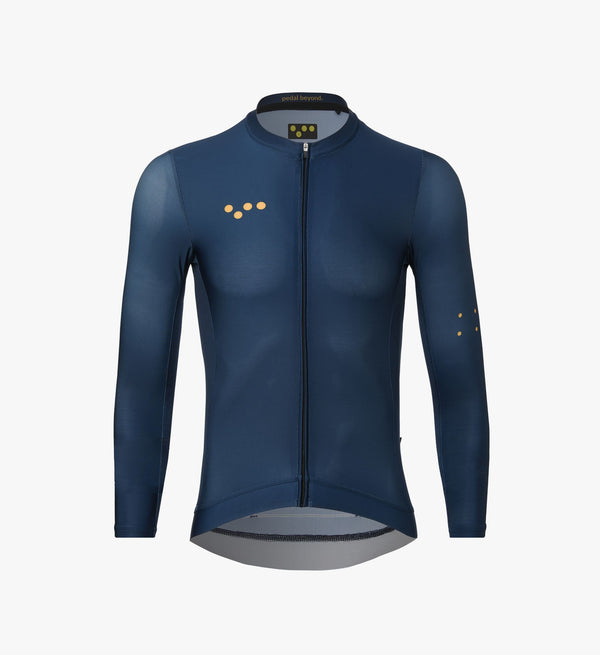 Indigo Classic Long Sleeve Cycling Jersey: Breathable, SPF 50 fabric with added underarm ventilation