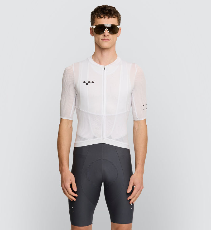 Best fit all-season moisture-wicking cycling jersey: Elements Men's Air Jersey - White on model front view.