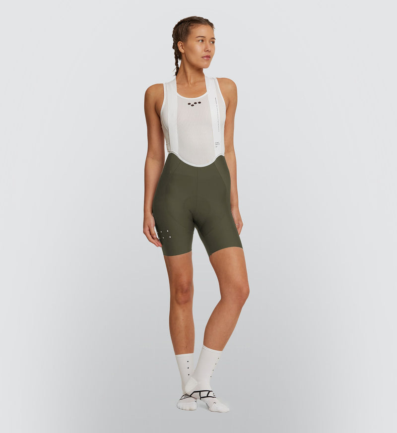 Photo of Essentials / Women's SuperFIT 2.0 Bib Short - Olive, best, day, pad, comfort, bike, moisture wicking, padded, road, straps