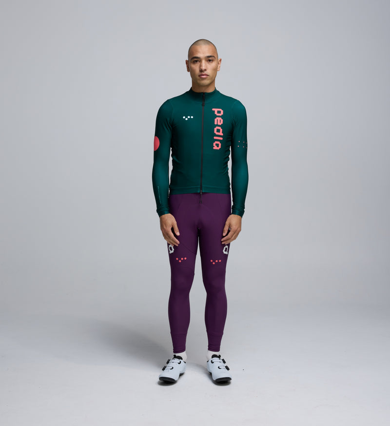 Front view of Pedla’s Men’s Thermal Long Sleeve Jersey in Pine showing sleek winter design and reflective detailing