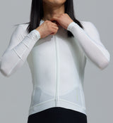 Men's porcelain white long-sleeve cycling jersey — form-fitting zip-front performance jersey with SPF50 breathable moisture-wicking four-way stretch, side ventilation panels and silicone hem gripper
