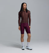 Men's classic long sleeve cycling jersey in wood brown — breathable SPF50 moisture-wicking road/training jersey with four-way stretch, ventilation panels, form-fitting cut and silicone gripper hem (LunaLUXE-inspired)