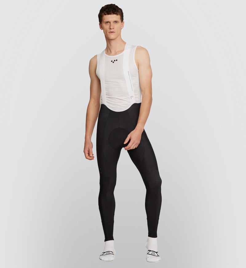 Front view of the Black Men's SuperFLEECE 2.0 Cycling Bib Tights, featuring a lightweight brace system for optimal fit and freedom of movement during rides