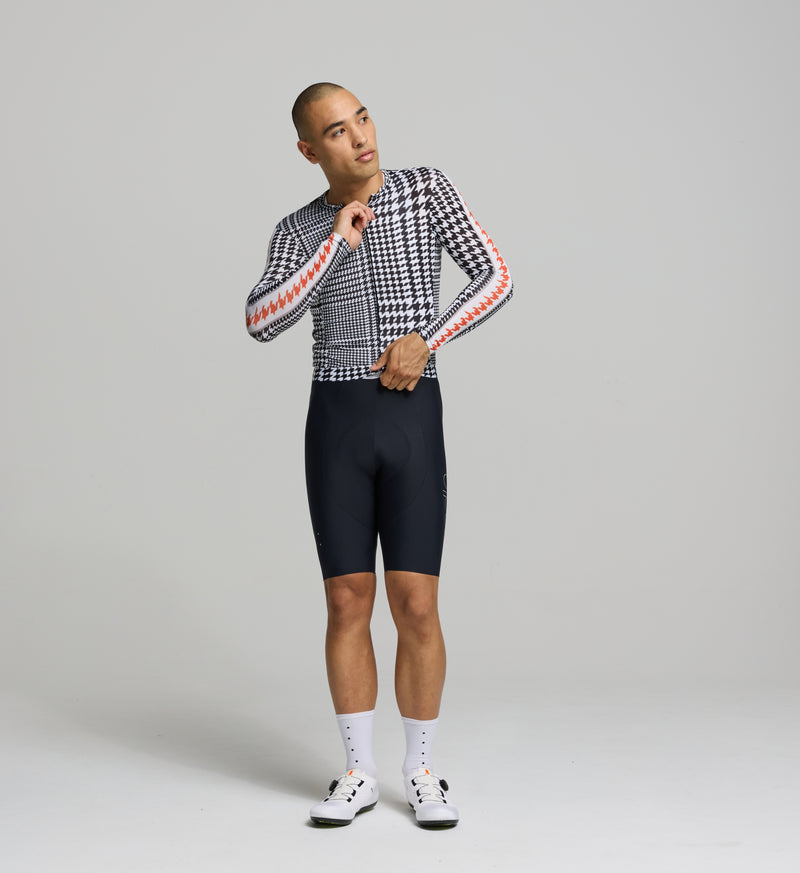 Men's Long Sleeve Cycling Jersey for training, aerodynamic fit, extended sleeves, four-way stretch, durable REPREVE® fabric, high-performance moisture management.