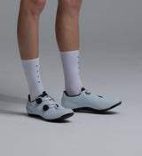 Pedla lightweight merino wool cycling socks, porcelain white mid-calf 6in cuff, moisture-wicking, temperature-regulating, odor-resistant, anatomical left/right fit with arch support, 45% merino 32% nylon 16% Coolmax polyester