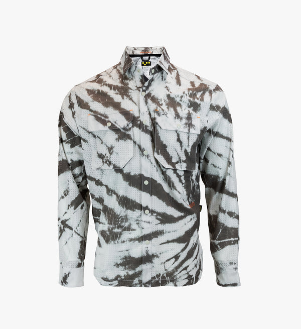 Mono Tie Dye Off Grid Cargo Shirt displayed against a white backdrop, emphasizing its lightweight and breathable design, ideal for cycling and casual outings.