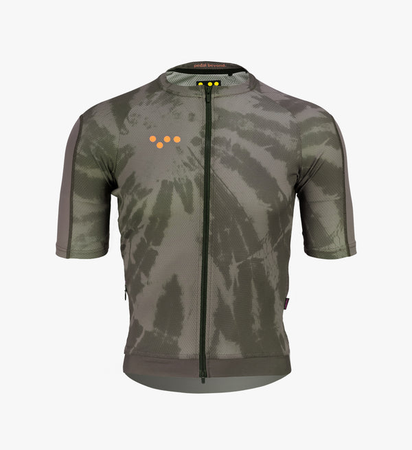 Khaki Dye Off Grid Men's Gravel Jersey isolated view, featuring high-performance Italian knit for moisture-wicking and breathability on long rides.