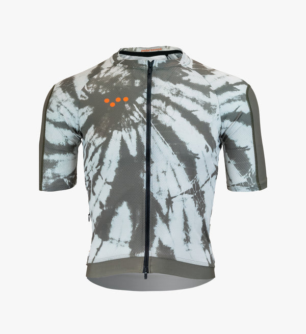 Mono Tie Dye Off Grid Men's Gravel Cycling Jersey displayed alone, emphasizing its high-performance Italian knit fabric for superior moisture management and breathability.