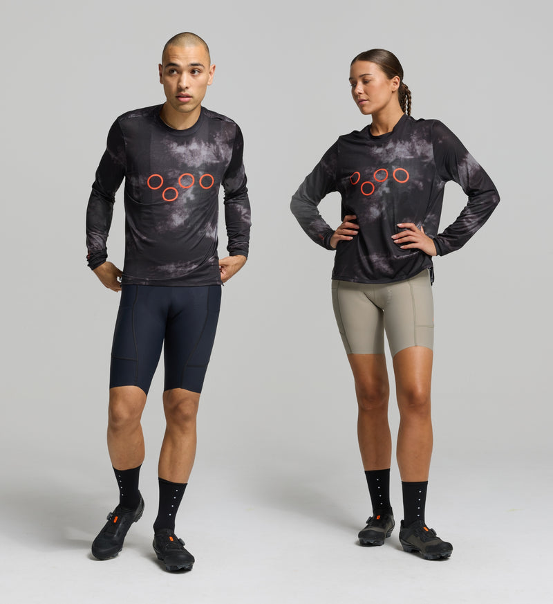 Front view of unisex dark purple long sleeve cycling tee – relaxed fit and high-stretch fabric designed for performance and all-day comfort