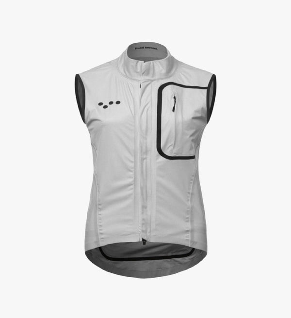 Chalk Pro Women's Deflect Gilet, a waterproof and wind-resistant vest designed for year-round cycling, featuring lightweight, breathable fabric for optimal comfort.