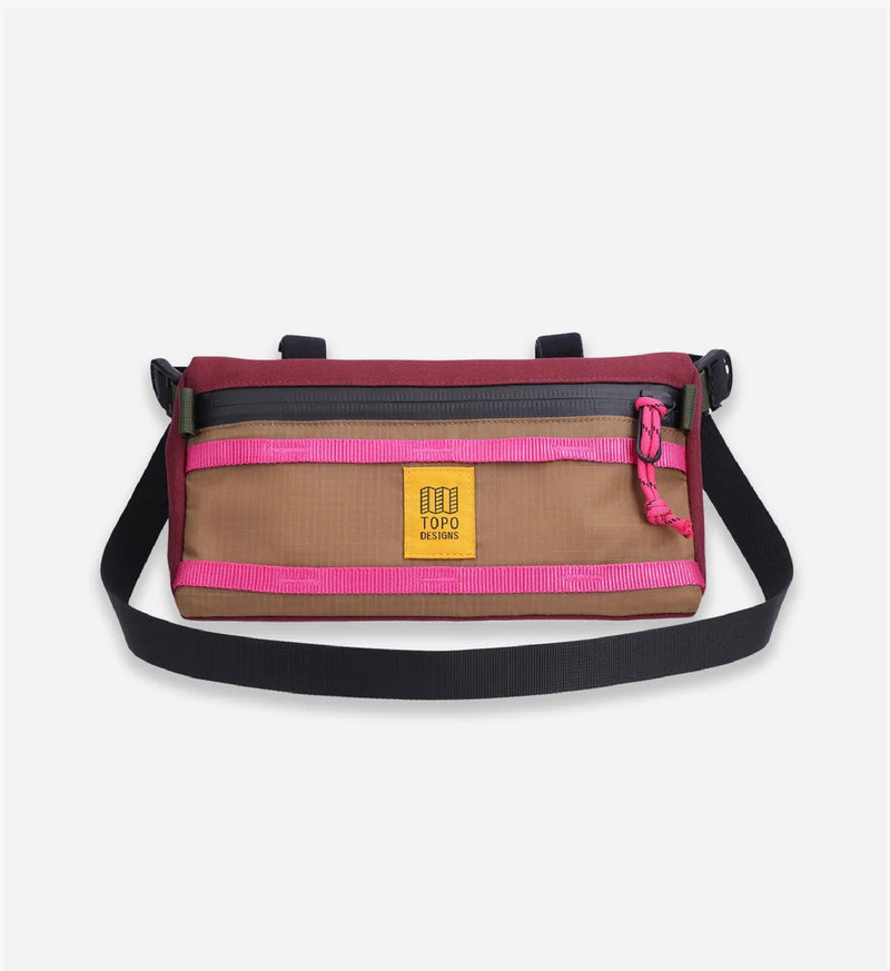 Topo Bike Bag Mountain in Burgundy/Dark Khaki alone, made of recycled materials, waterproof, attaches to handlebars