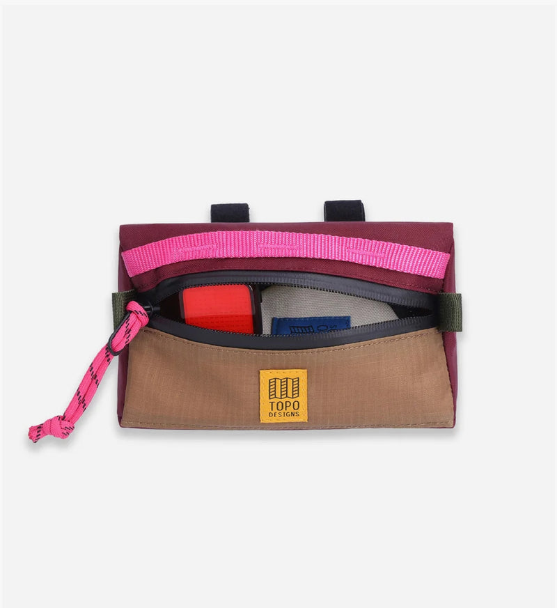 Topo Bike Bag Mini Mountain in Burgundy/Dark Khaki by itself, a compact, sustainable biking accessory