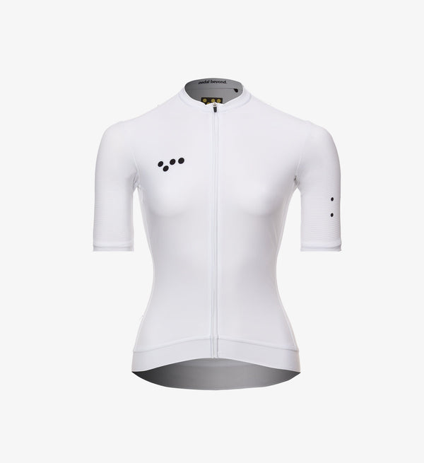 Core Women's Classic Cycling Jersey - White, improved fit, breathable fabric, SPF 50, quick drying, four-way stretch, silicone gripper bands