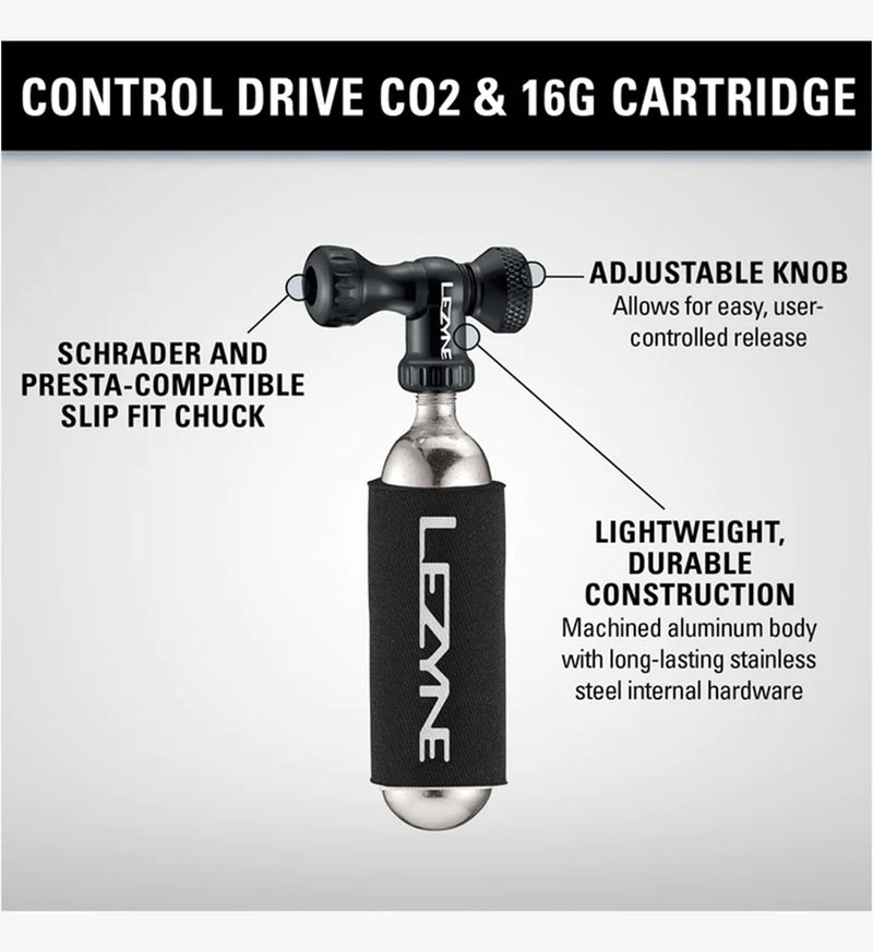 Lezyne Control Drv Co2 - Black, durable dispenser with control valve operation for easy inflation.