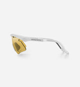 Sunglasses with gold lenses and white frame on a white background