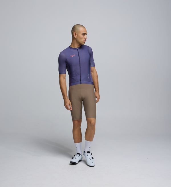 Front view of cyclist in Dusk Classic Jersey – extended sleeves, low-cut collar, and breathable design for comfort in all conditions