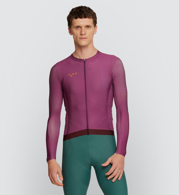 Front view of Men's Long Sleeve Cycling Jersey in Mulberry - Best fit and comfort for cooler rides