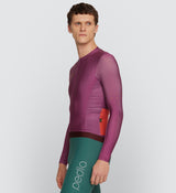 Side view of Men's Long Sleeve Cycling Jersey in Mulberry - Extended sleeves and moisture-wicking design