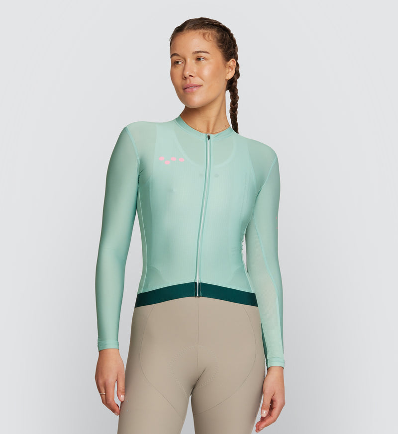 Front view of Women's Long Sleeve Cycling Jersey in Patina - Best fit and comfort for cooler rides