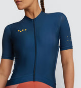 Close-up of the Indigo Women's Classic Cycling Jersey, detailing fabric quality and silicone hem for a flattering fit