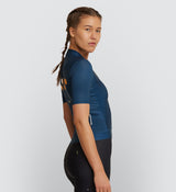 Side view of Women's Classic Cycling Jersey in Indigo, showing side body and underarm ventilation for enhanced airflow
