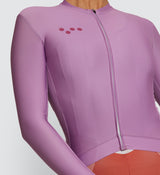 Close-up of the Mauve Women's Classic Long Sleeve Cycling Jersey, detailing the fabric quality and comfortable stretch