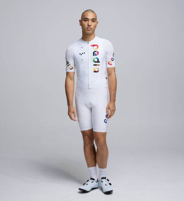 Model wearing Pedla’s Men’s Classic Cycling Jersey - Optic White, showcasing the sleek front design and signature fit.