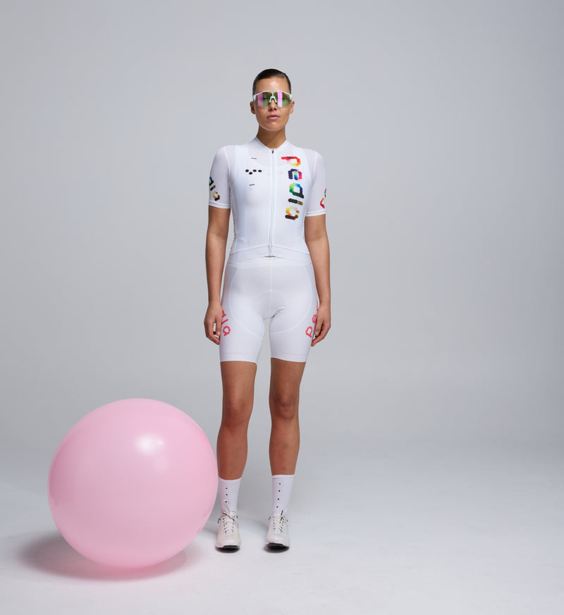 Front view of Women’s Classic Cycling Jersey in Optic White, showing sleek fit and SPF 50-rated fabric.
