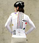 Back view of the COLOUR THEORY Men's Classic Long Sleeve Cycling Jersey in white, featuring a silicone gripper hem, moisture-wicking fabric, and a road-ready fit for all-day cycling.