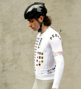 Side profile of the Men's Classic Long Sleeve Cycling Jersey in white, highlighting the best fit with ventilation panels and long sleeves for optimal bike performance.