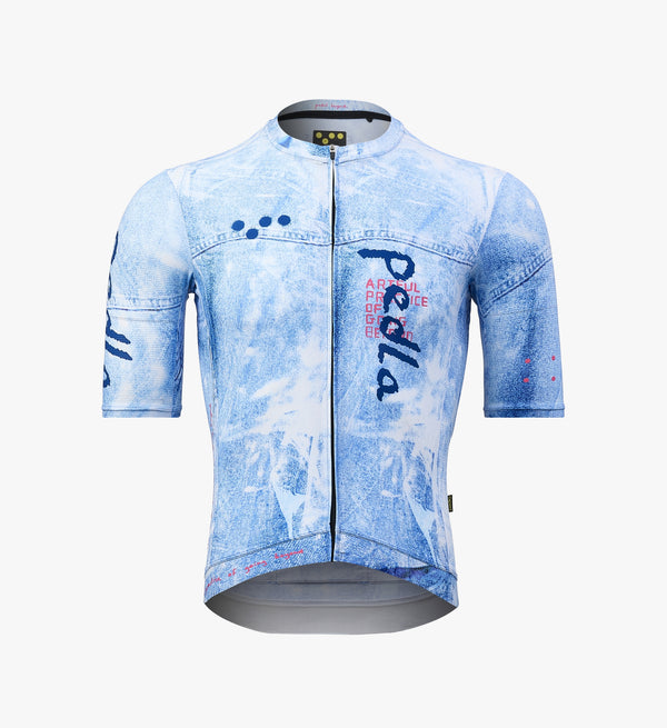 DENIM / Men's Classic Cycling Jersey in Blue Fade, featuring SPF 50 fabric and a sleek, race-inspired design for optimal performance.