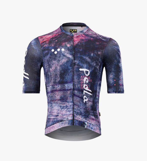 DENIM / Men's Classic Cycling Jersey in Purple Haze, showcasing its aerodynamic fit, extended sleeve length, and breathable SPF 50-rated fabric.