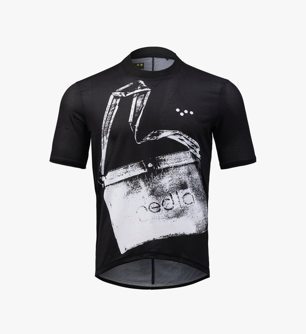 DENIM / Tech Tee in Black Etch, featuring lightweight Italian knit fabric and UPF 50+ protection for gravel cycling and casual wear.