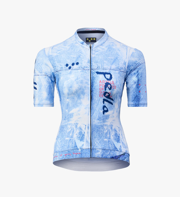 DENIM / Women's Classic Cycling Jersey in Blue Fade, showcasing lightweight SPF 50 fabric and a sleek, aerodynamic design.