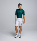 Front view of Pedla’s Men’s Classic Jersey in Pine highlighting sleek fit, low-cut collar, and moisture-wicking properties