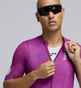 Close-up of Men’s Climba Jersey in Violet showing aero microfibre mesh, premium stitching, and lightweight design