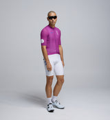 Side view of Men’s Climba Jersey in Violet highlighting stretch panels under the arms and aerodynamic cut