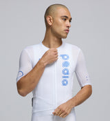 Close-up of Men’s LunaAir Jersey in White featuring Signature AIR mesh, UPF 35+ sun protection, and premium stitching