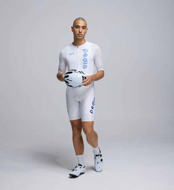 Front view of Pedla’s Men’s LunaAir Jersey in White highlighting race-fit cut and high-performance construction