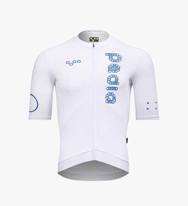 Men’s LunaAir Cycling Jersey in White featuring lightweight breathable fabric and Signature AIR mesh sleeves for summer rides