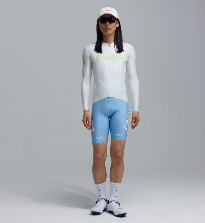 Men's Dots Classic long-sleeve cycling jersey in Porcelain Glow, breathable SPF50 moisture-wicking four-way stretch with side ventilation panels, form-fitting race fit and soft silicone hem gripper (front view)