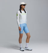 Men's long sleeve classic cycling jersey in porcelain glow white with lime dot logo — SPF50 breathable, moisture-wicking, four-way stretch, form-fitting aerodynamic race fit with silicone hem gripper and side ventilation panels.