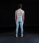 Men's SuperFIT 2.0 full-length cycling bib tights powder blue back view, breathable Italian fabric, mesh bib straps, Elastic Interface chamois, reflective logos, aerodynamic supportive fit for road cycling