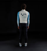 Men's porcelain thermal cycling gilet back view — windproof, waterproof thermal knit vest with reflective dots, concealed large back zip pocket, hem gripper, SAB two-way waterproof zip, lightweight standard-fit winter layering