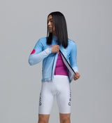Close-up of men's blue gradient dots thermal long-sleeve cycling jersey with Chillblock fleeced interior, moisture-wicking knit, reflective logos, UPF 50+, two-way SAB zipper, hem gripper and zip pocket