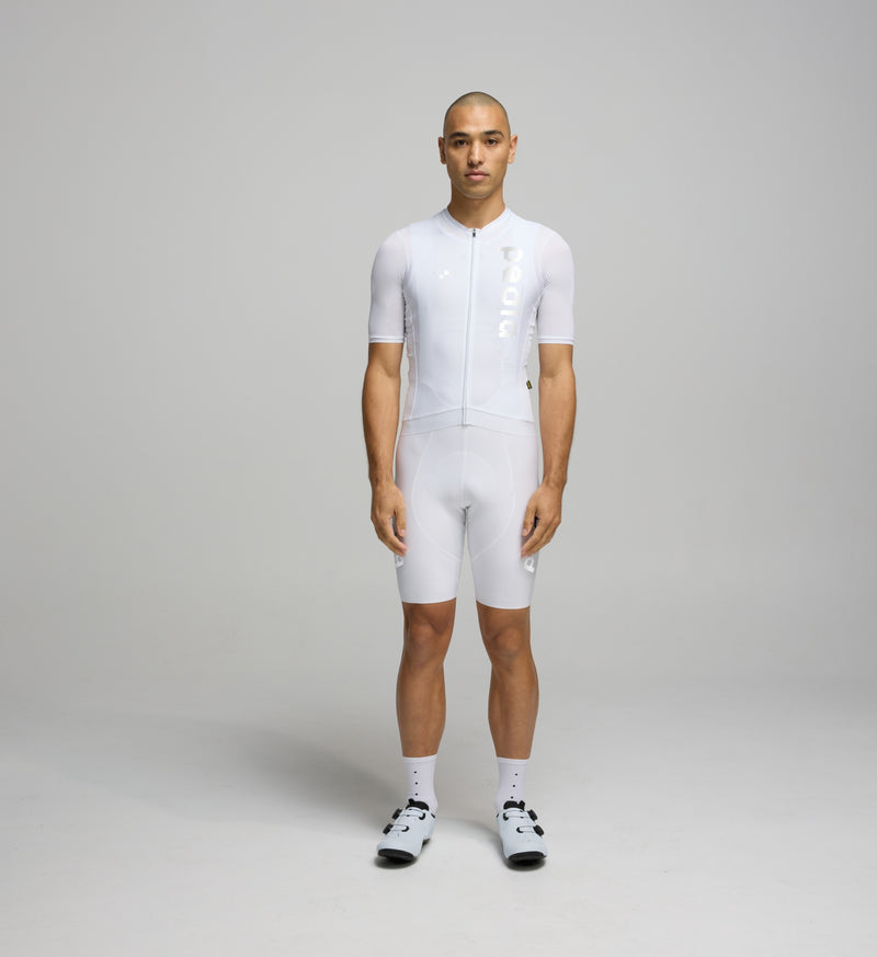 Pedla Cycling Dots Men's SuperFIT 2.0 Bib Short Reflective White seamless italian fabric worn by male model white