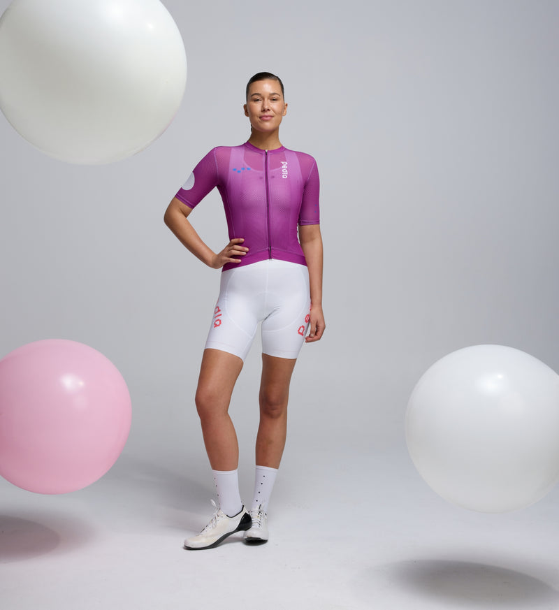 Front view of Pedla’s Women’s Climba Jersey in Violet highlighting sleek fit, breathable mesh, and stretch panels